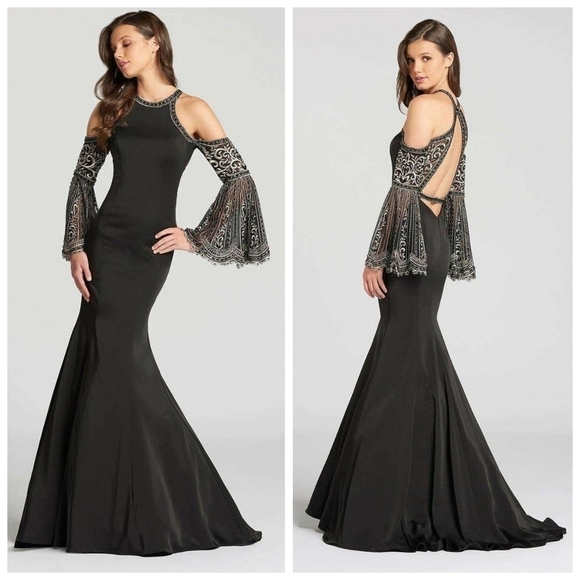 Ellie Wilde Mon Cheri Black Embroidered Bellsleeve Cold Shoulder Gown Prom Dress - Picture 1 of 13
